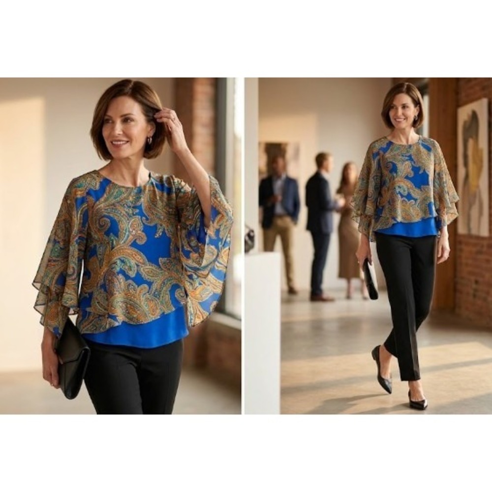 Joseph Ribkoff Paisley Chiffon Layered Bell Sleeve Blouse Blue‎